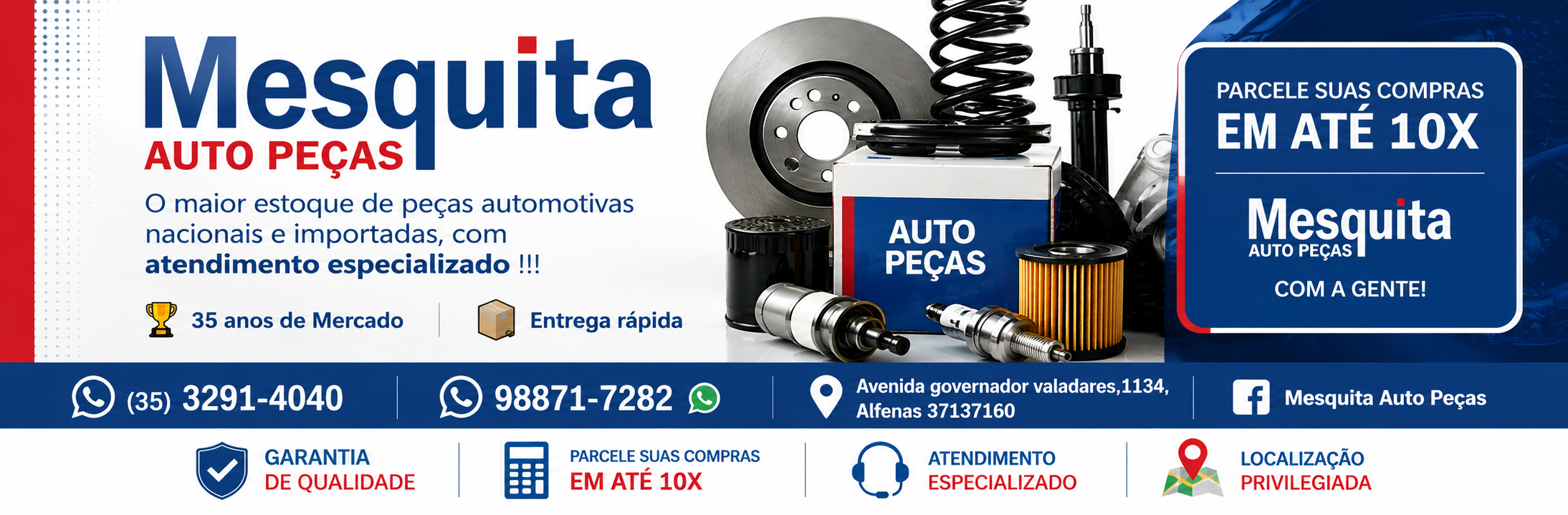 Mesquita Auto Peças: peças automotivas nacionais e importadas em Alfenas, com parcelamento em até 10x. Avenida Governador Valadares, 1134. Telefone (35) 3291-4040